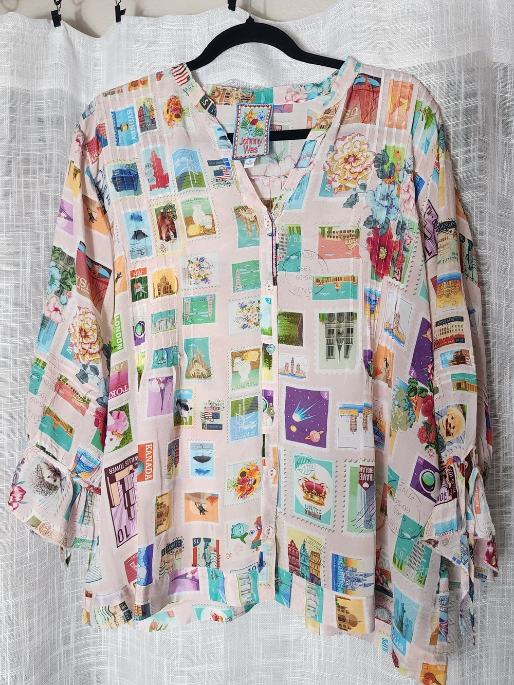 Johnny Was Pink Multi-Color Patchwork Print V-Neck Blouse